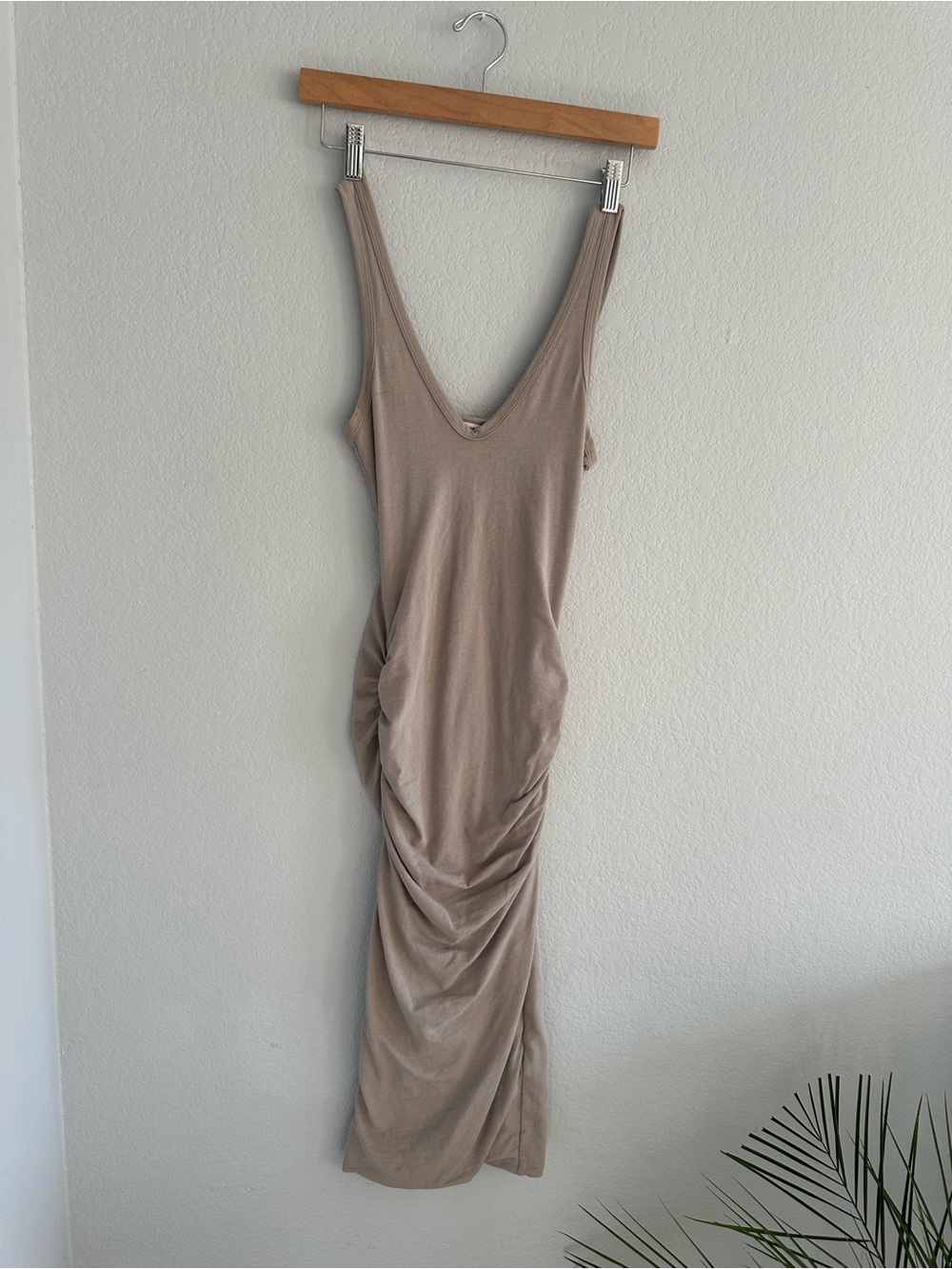 James Perse Taupe Ruched Side Tank Midi Dress Size 0 Made in USA